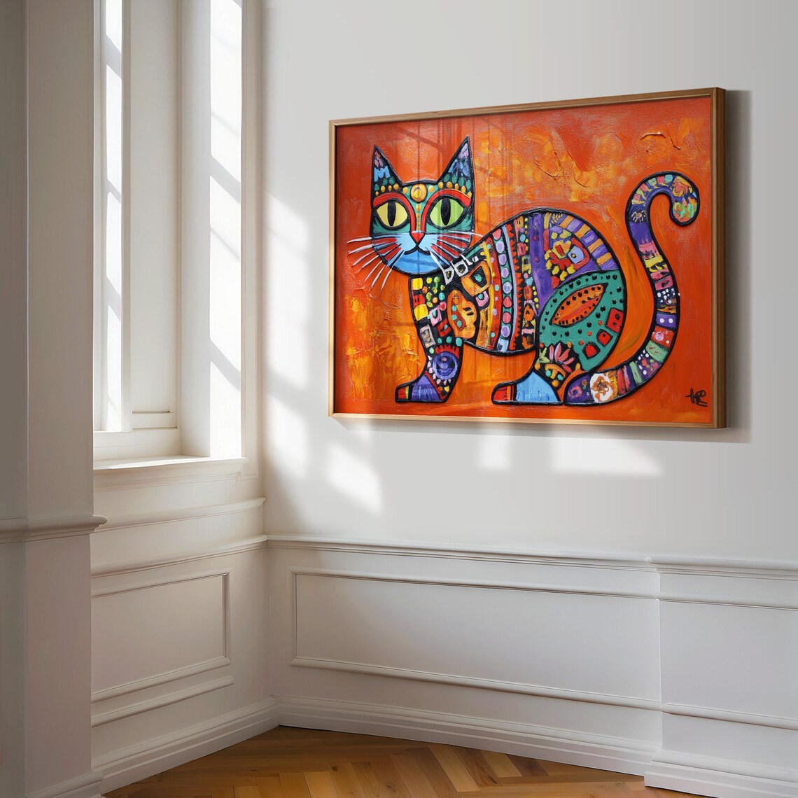 Sitting Cat Colorful Patchwork Mosaic Patterns Bright Orange Art Poster - Image 3