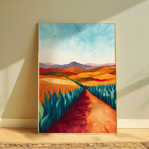 Red Dirt Road Blue Agave Field Golden Rolling Hills Mountain View Landscape Poster