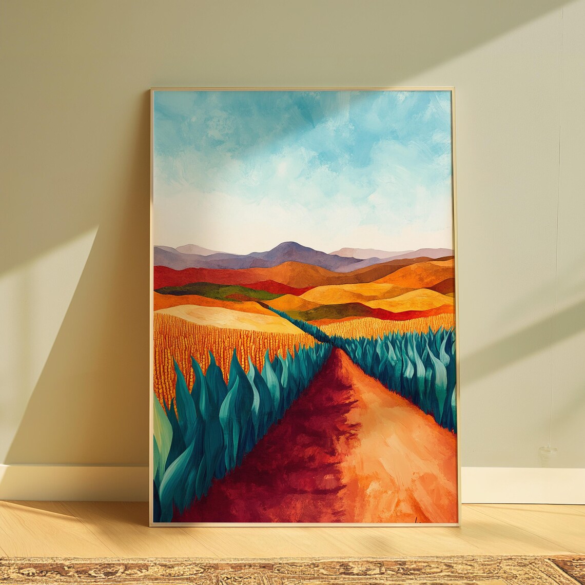 Red Dirt Road Blue Agave Field Golden Rolling Hills Mountain View Landscape Poster