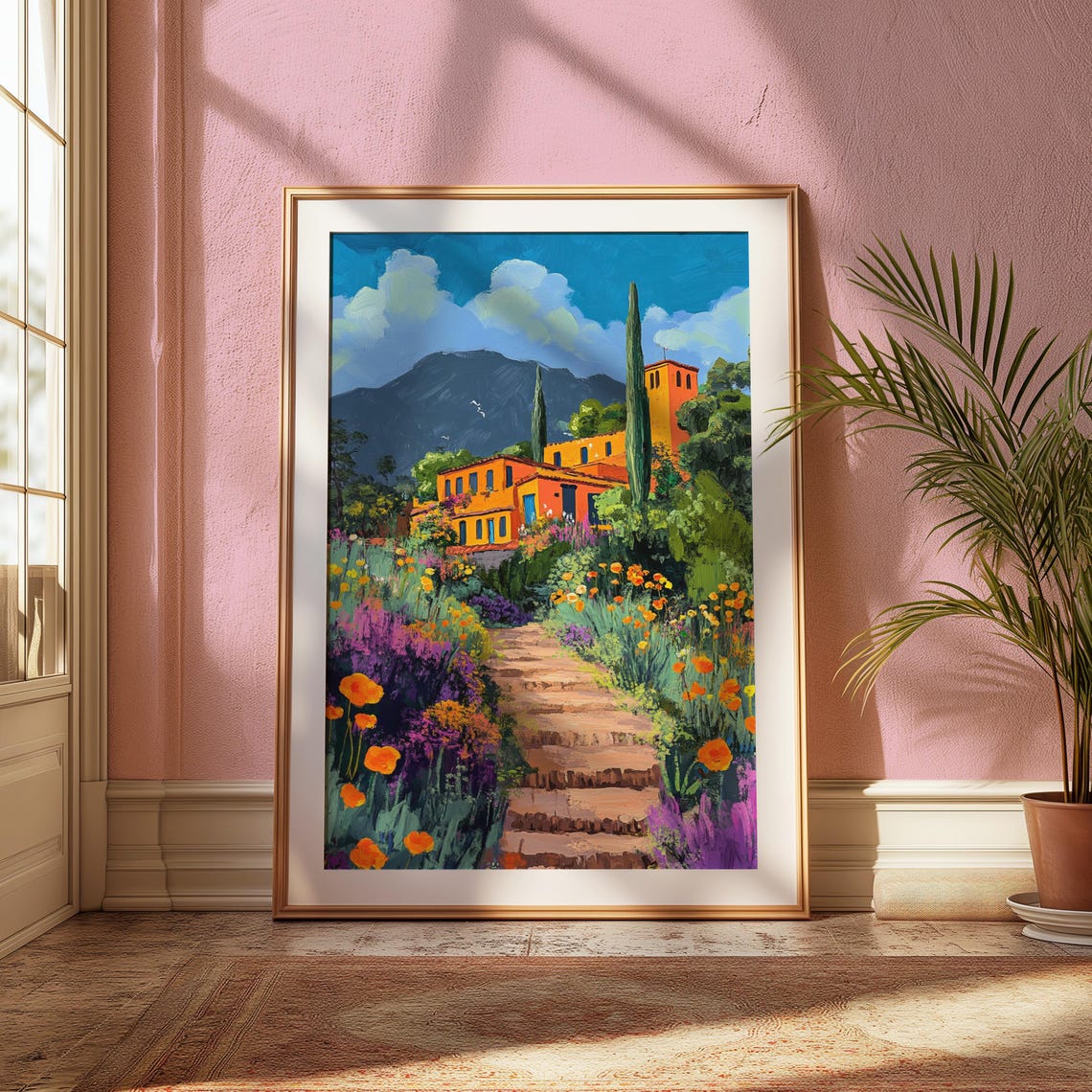 Orange Hacienda Bell Tower Cypress Trees Flower Steps Art Print - Image 2