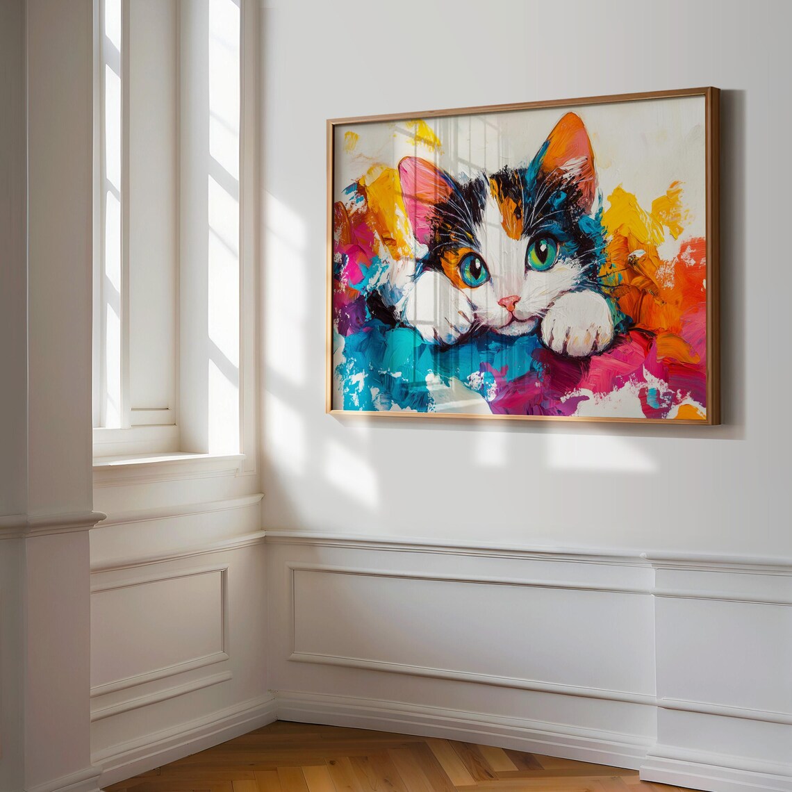 Playful Calico Kitten Paws Resting Vibrant Abstract Paint Splash Cat Poster - Image 3