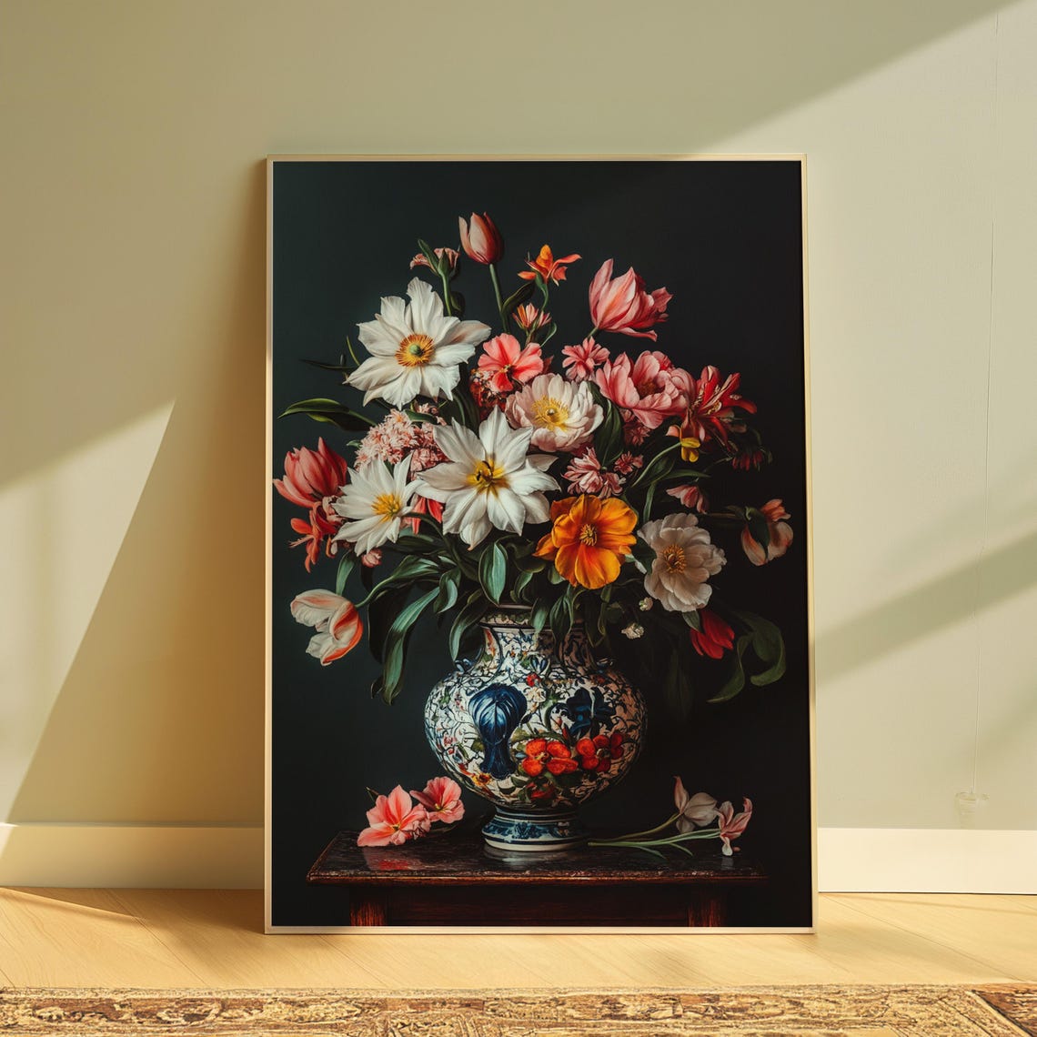 Elegant White Pink Blossom Bouquet Blue White Porcelain Vase Poster
