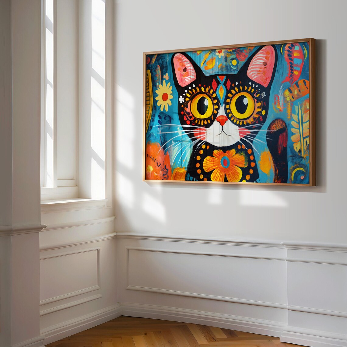 Black Cat Big Yellow Eyes Floral Decorations Blue Orange Folk Art Poster - Image 3