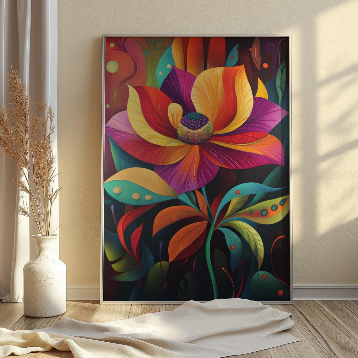 Fiery Sunset Bloom Dark Background Vivid Abstract Floral Art Poster - Image 4