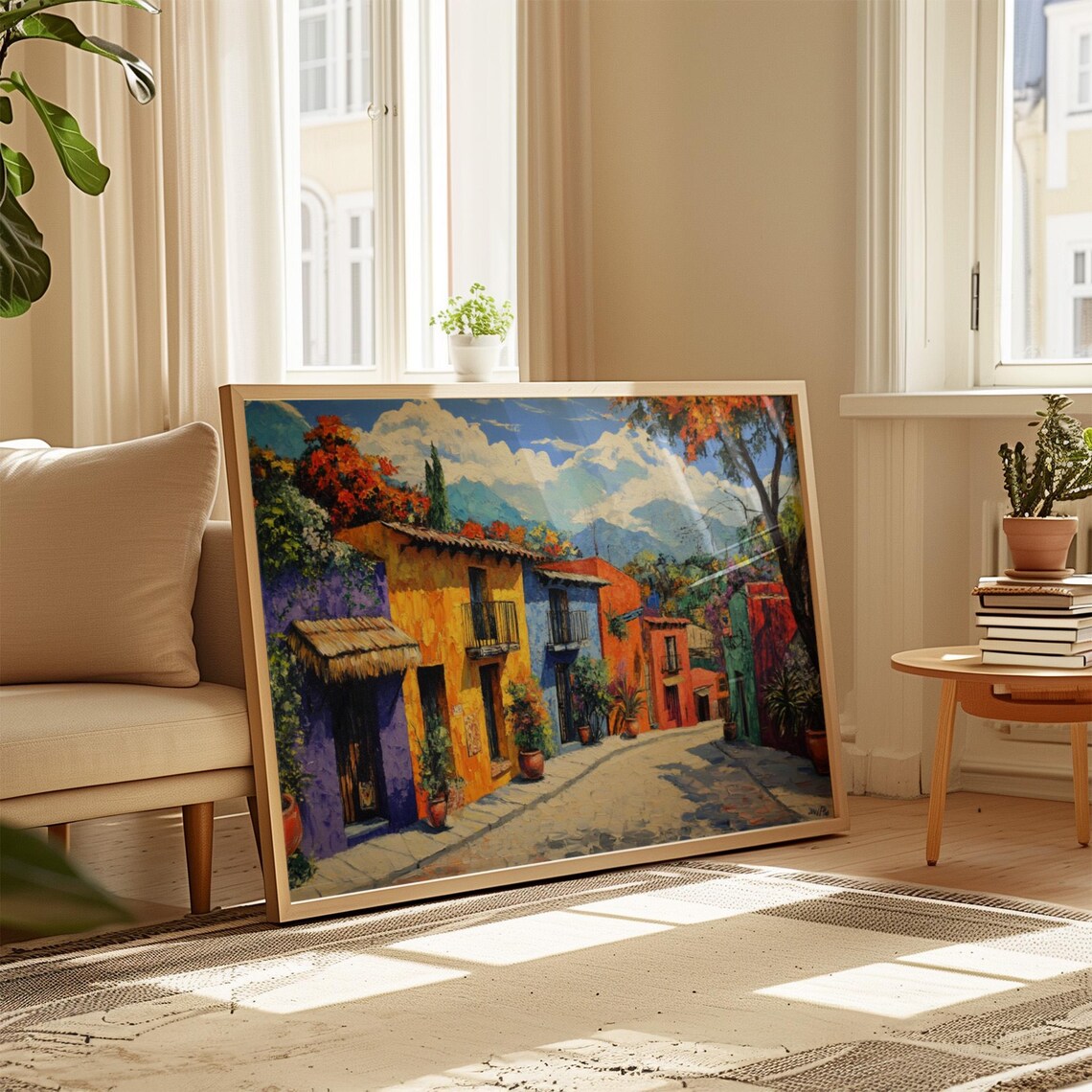 Mexican Colonial Street Painting Colorful Houses Mountains Wall Art Print - Image 4