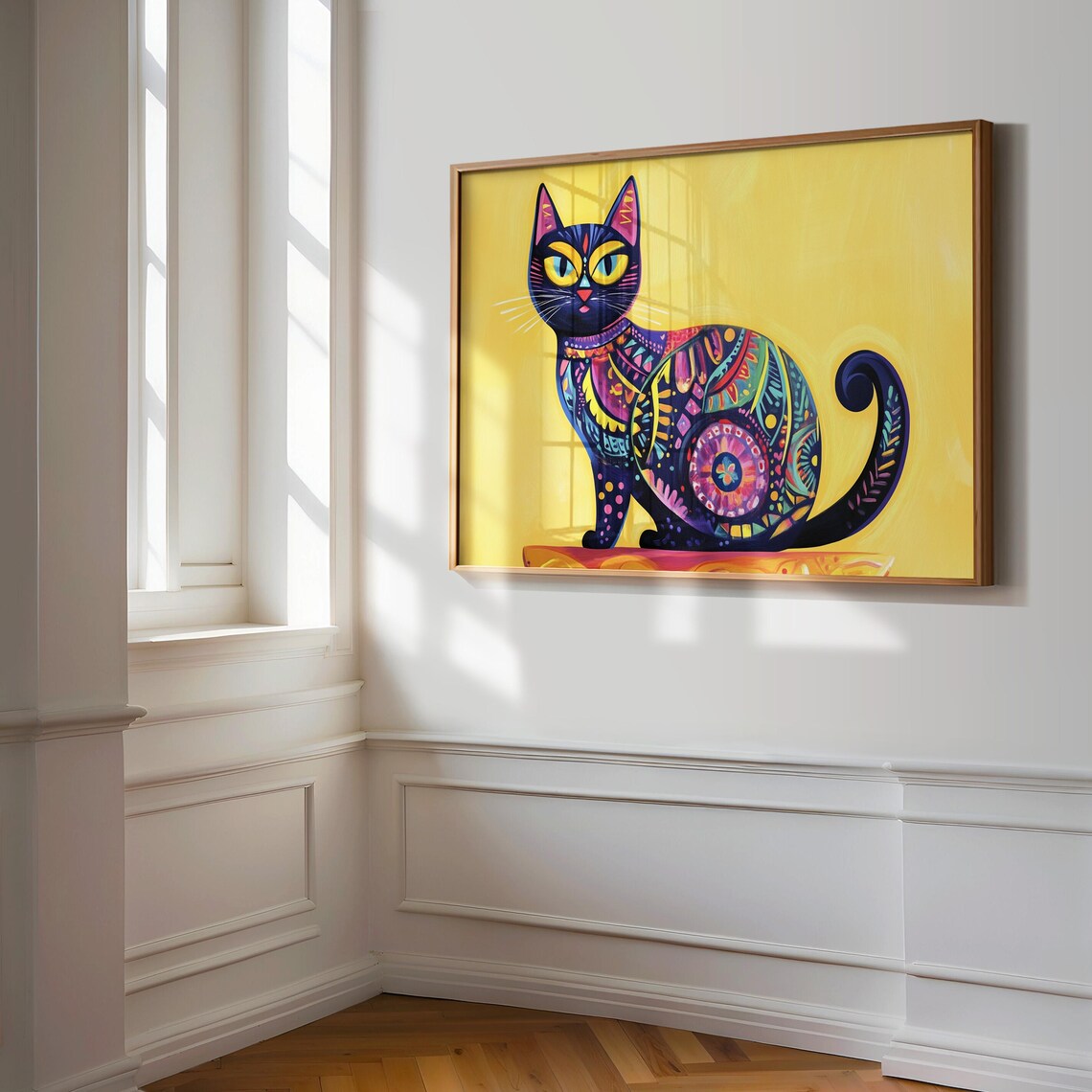 Sitting Black Cat with Colorful Floral Patterns on Bright Yellow Poster - Image 3