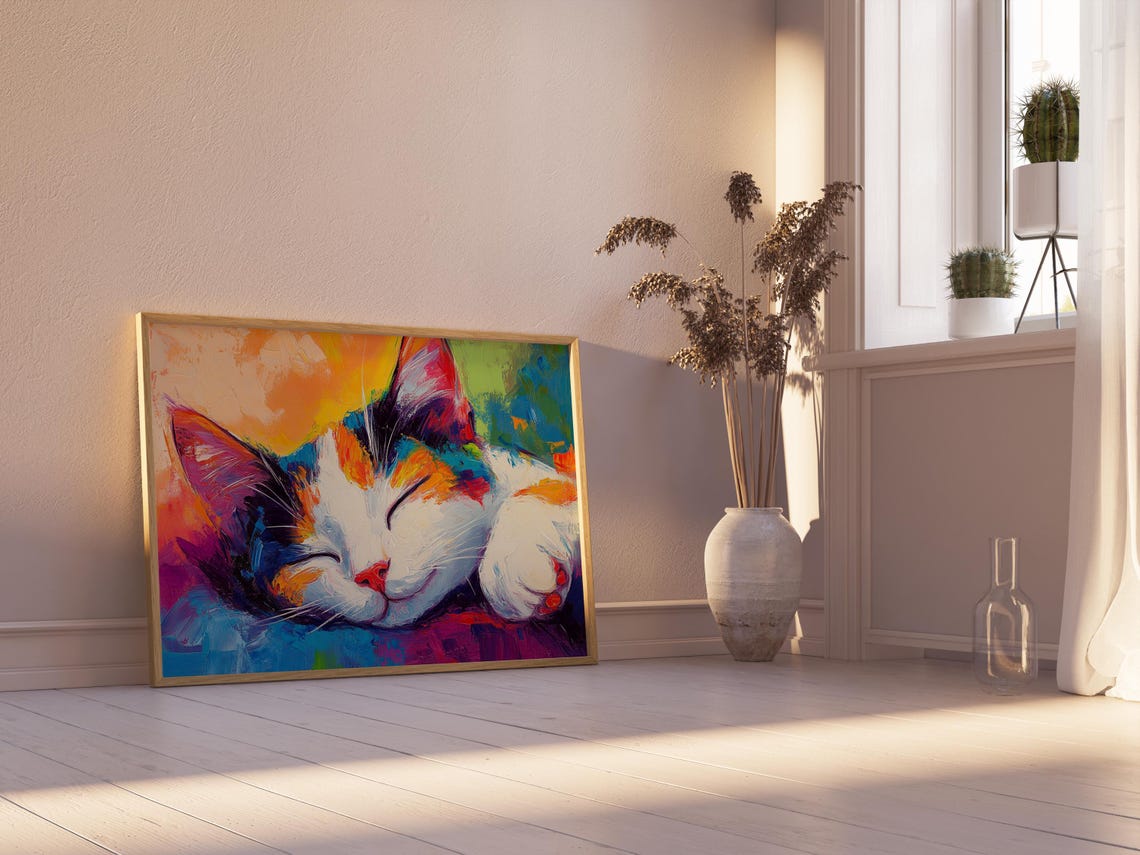 Sleeping Calico Kitten Curled Up Rainbow Brushstrokes Dreamy Poster - Image 2