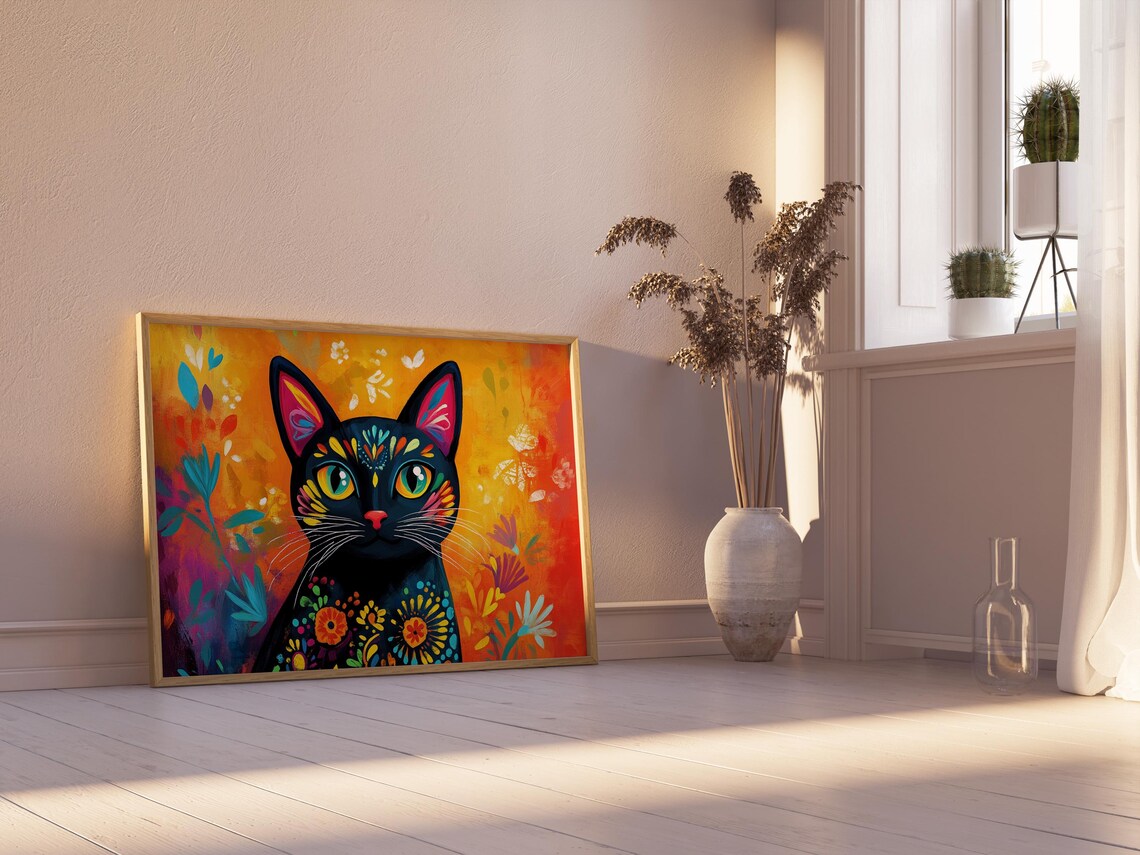 Black Cat Floral Folk Art Body Golden Orange Garden Painting Poster - Image 2