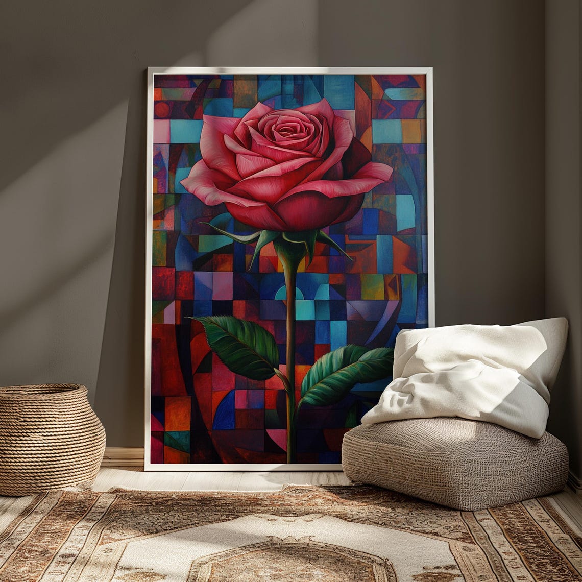 Pink Red Rose Cubist Mosaic Blue Red Modern Garden Floral Poster - Image 3