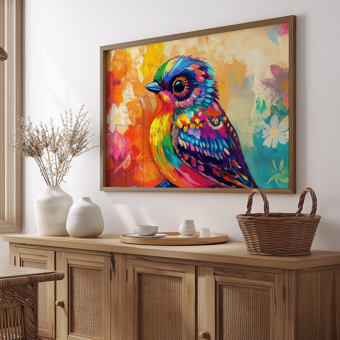Rainbow Plumage Songbird Portrait Colorful Bird Flower Art Print