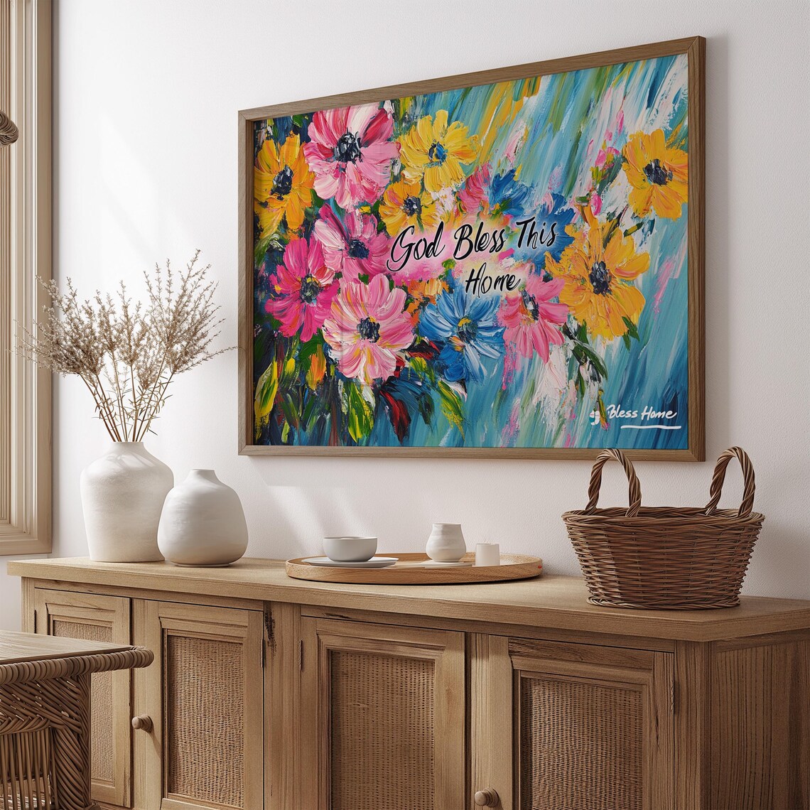 God Bless This Home Daisy Bloom Teal Brushstroke Floral Poster
