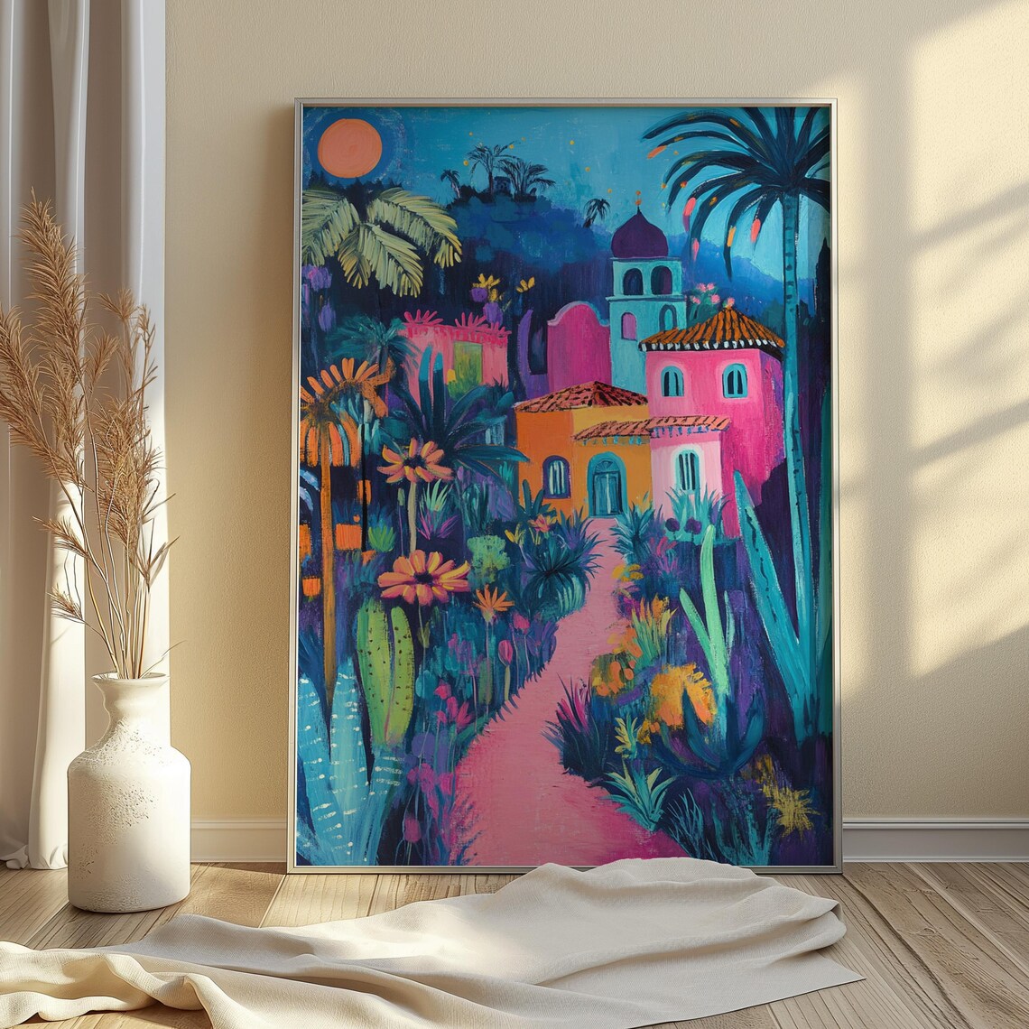 Colorful Mexican Village Night Pink Houses Bell Tower Art Print - Image 4