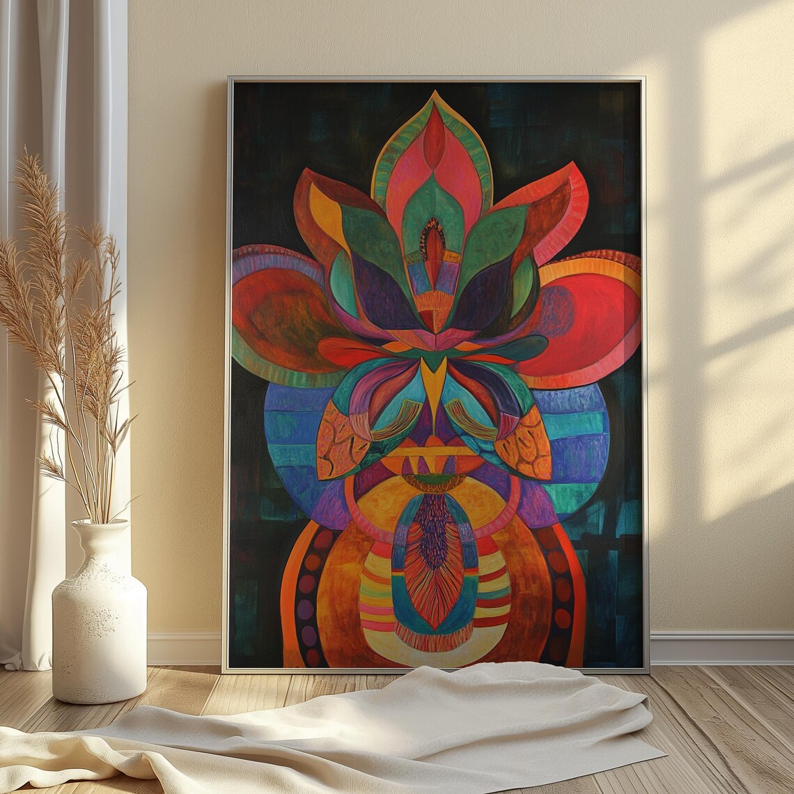 Symmetric Abstract Lotus Red Teal Orange Dark Garden Floral Poster - Image 4