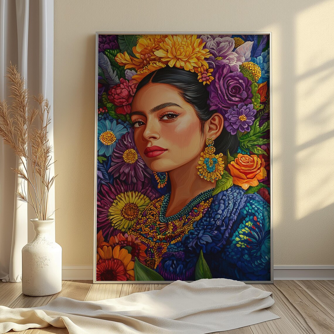 Vibrant Mexican Folk Portrait Woman Blue Dress Gold Jewelry Floral Poster - Image 2