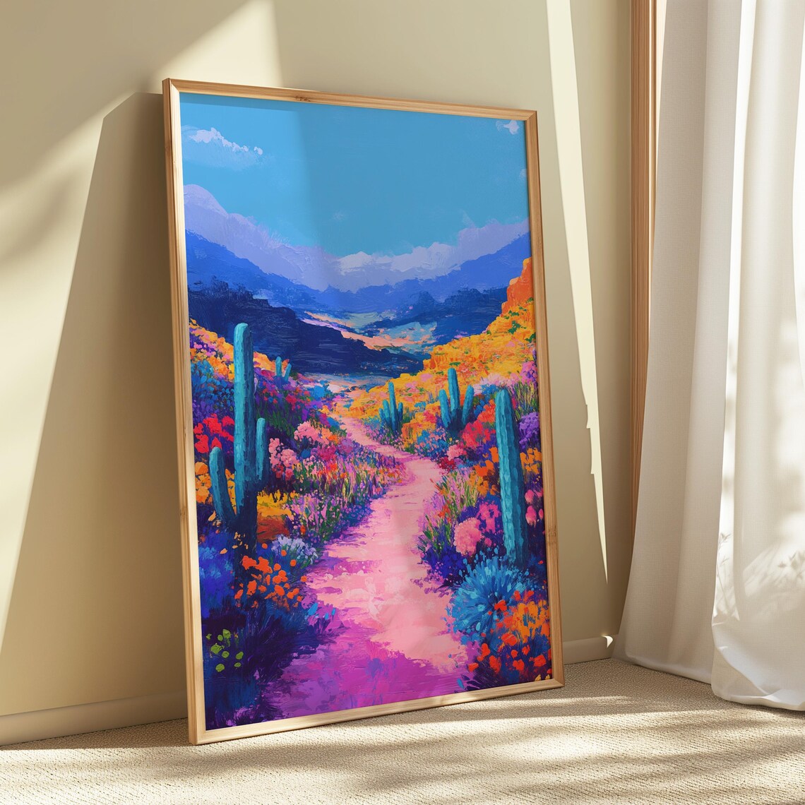 Pink Desert Trail Teal Cacti Wildflower Bloom Golden Hills Mountain Vista Poster - Image 5