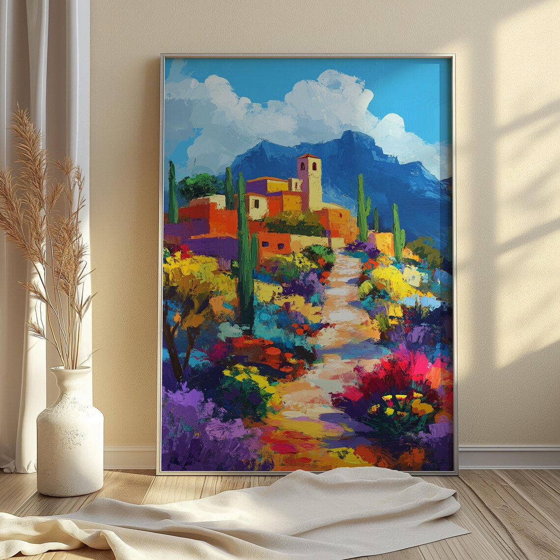 Mexican Village Hill Adobe Church Bell Tower Cacti Colorful Path Landscape Poster - Image 3
