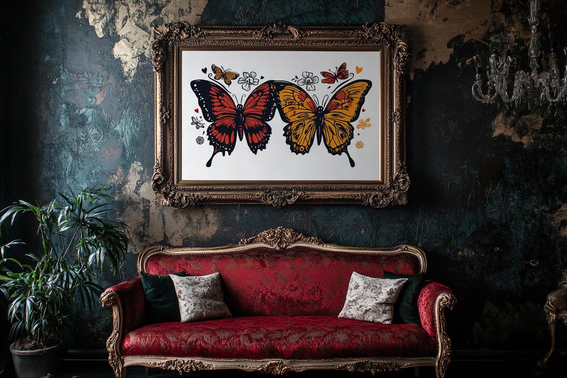 Two Monarch Butterflies Red Orange Black Elegant Botanical Art Poster