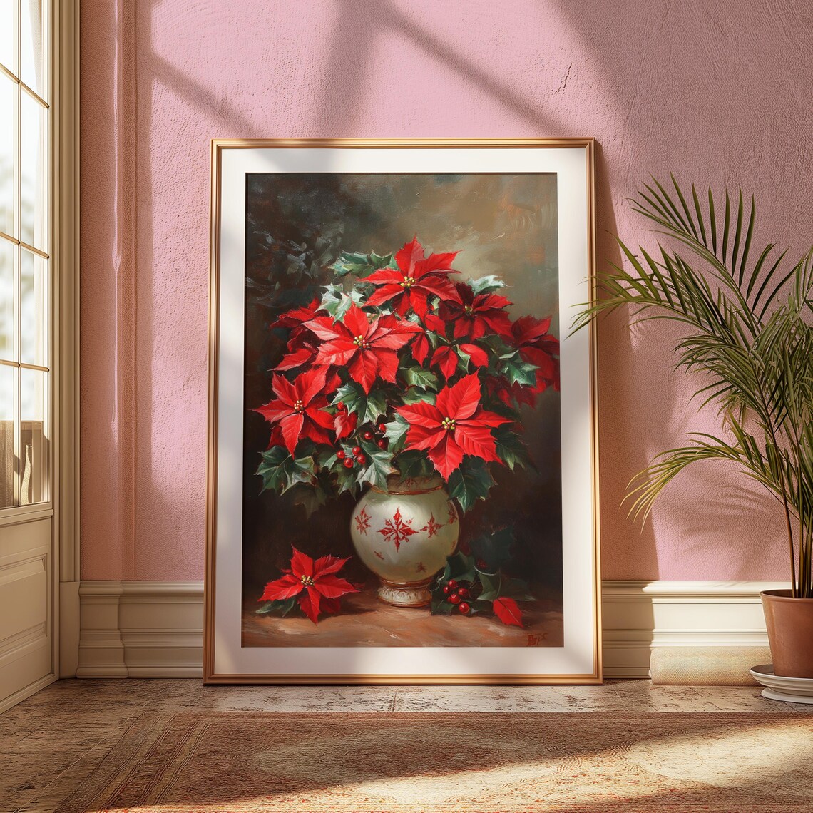 Red Poinsettia Snowflake Vase Holly Christmas Still Life Poster - Image 2