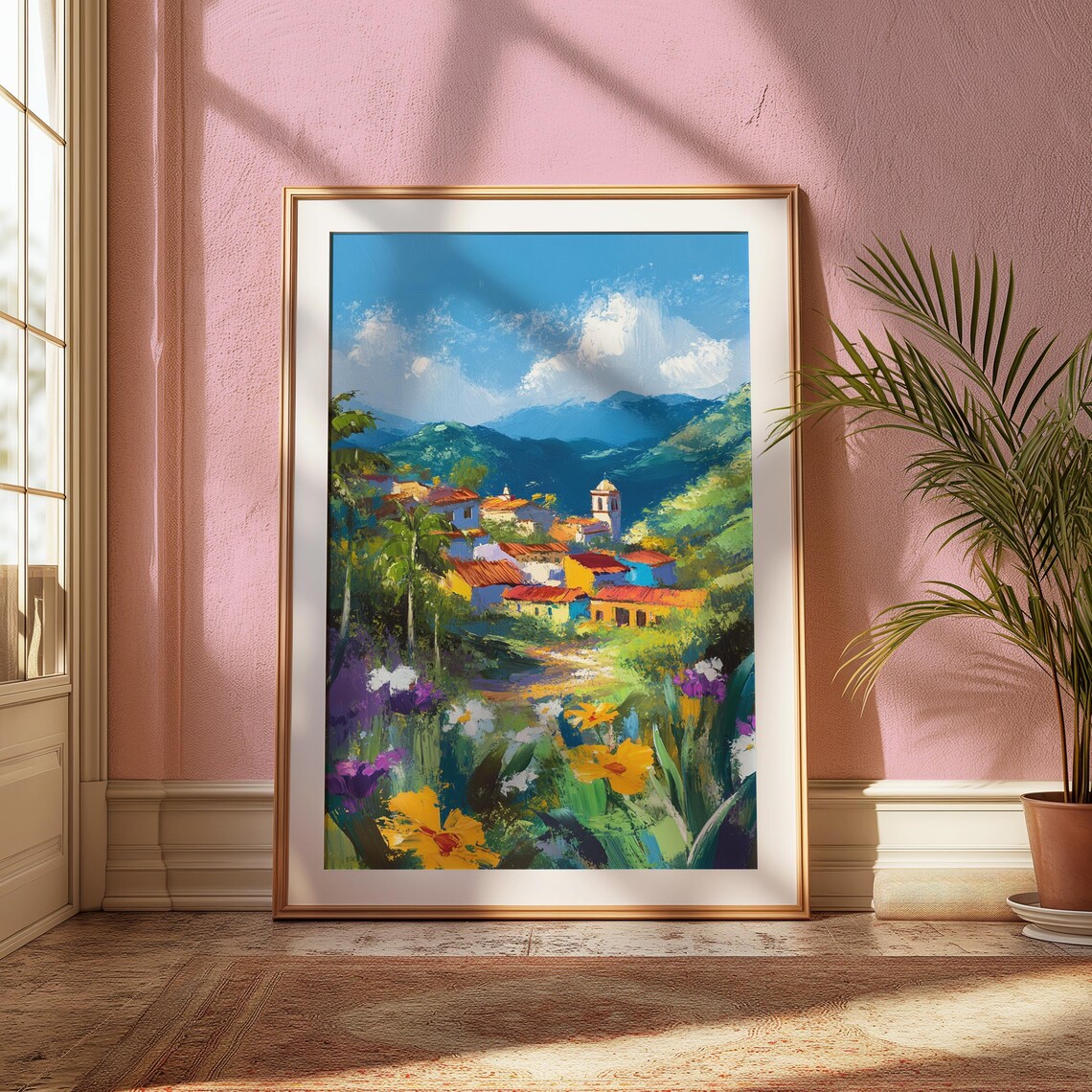 Mexican Hillside Village Red Tile Roofs Bell Tower Palms Mountain Backdrop Poster - Image 2