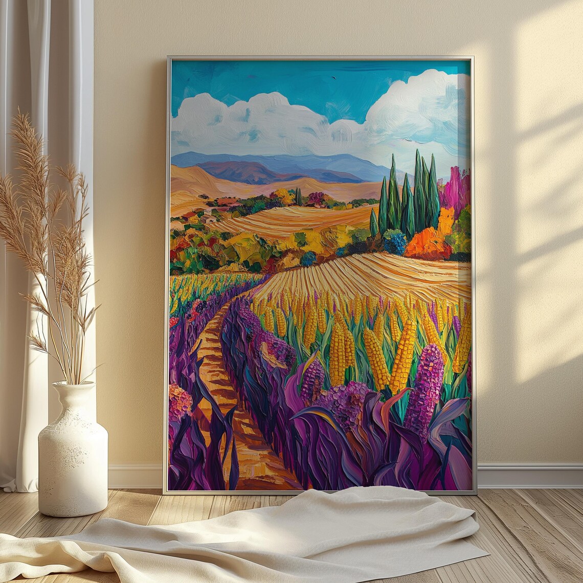 Golden Corn Field Purple Stalks Cypress Trees Rolling Hills Sunny Landscape Poster - Image 4