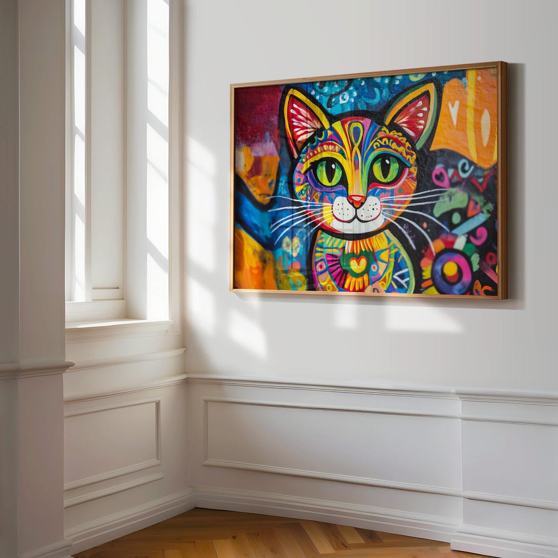 Rainbow Boho Cat Mandala Patterns Green Eyes Colorful Happy Cat Poster - Image 3