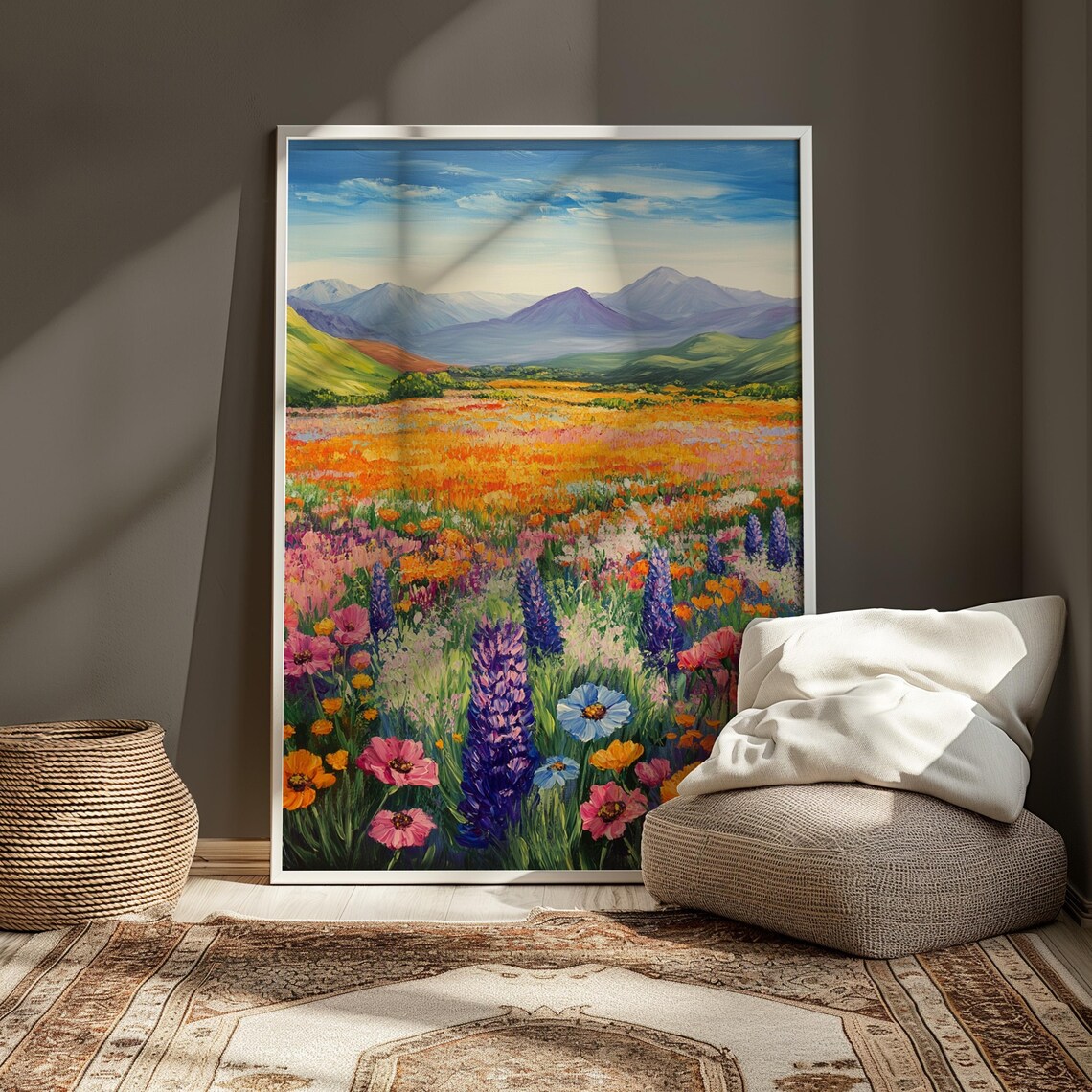 Sunny Wildflower Meadow Blue Flowers Mountain Landscape Art Print - Image 3