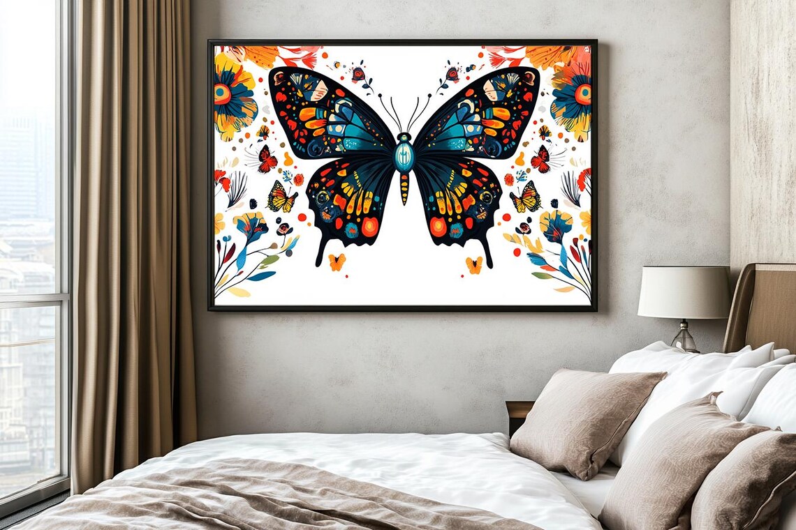 Vibrant Blue Orange Folk Art Butterfly Floral Mexican Style Poster - Image 2