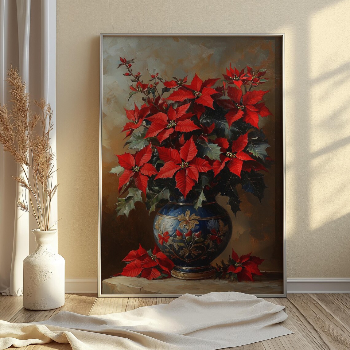 Red Poinsettia Dark Blue Ornate Vase Moody Christmas Art Poster - Image 3