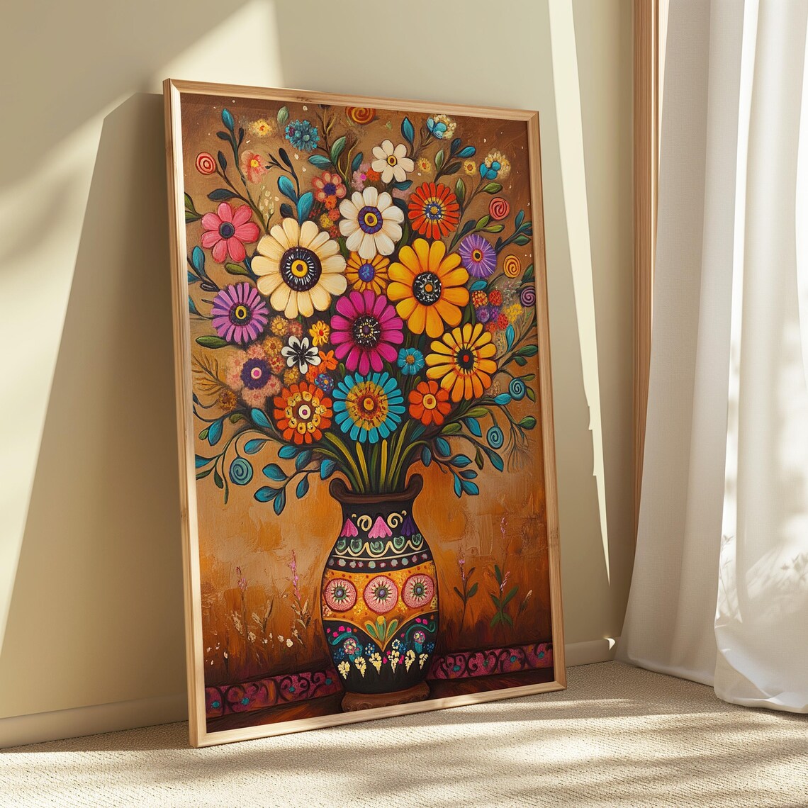 Mexican Folk Art Flower Bouquet Painted Pottery Vase Wall Art Print - Image 5