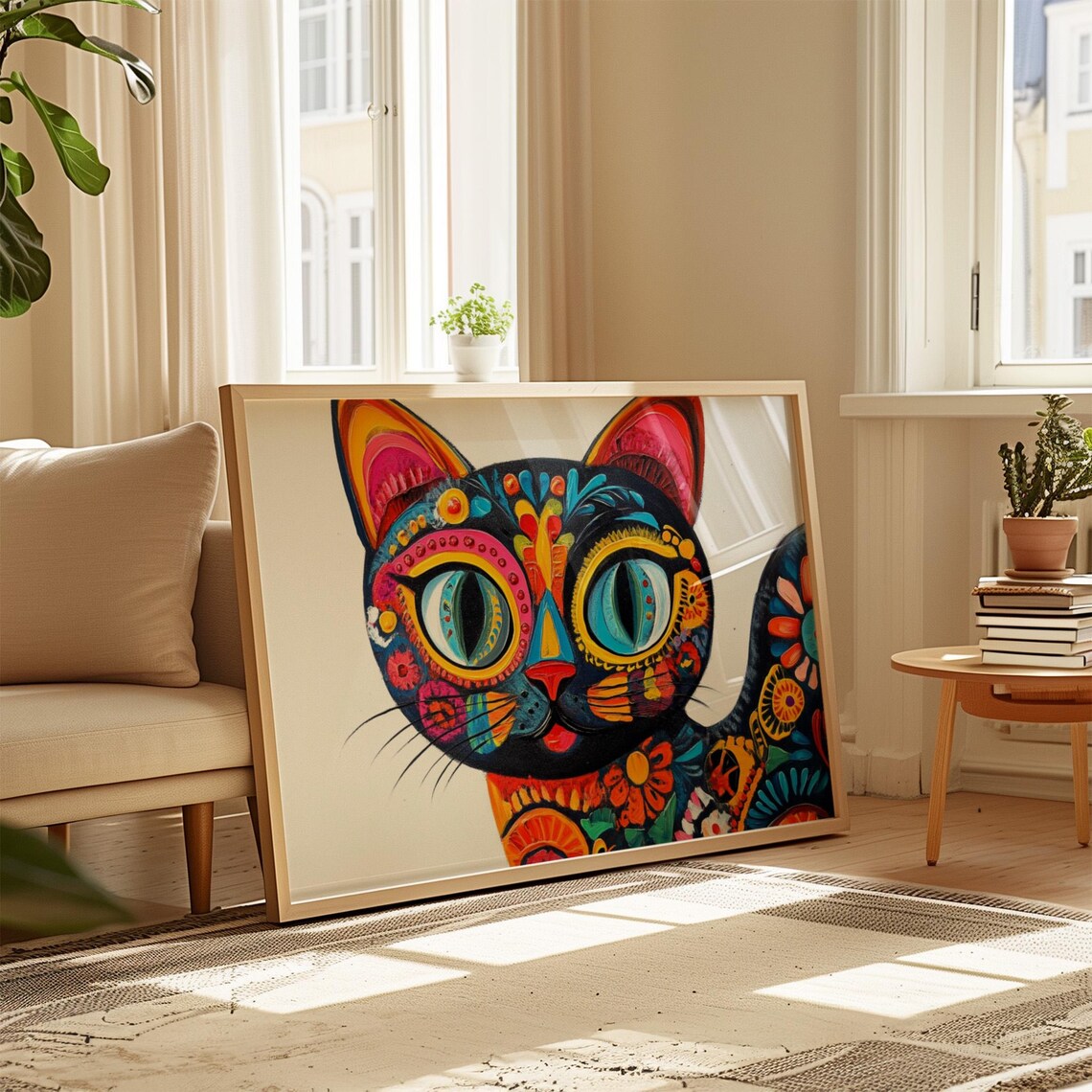 Mexican Alebrije Black Cat Floral Patterns White Background Folk Art Poster - Image 4