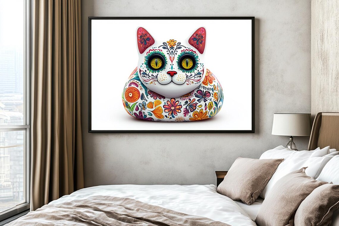 Chubby Sugar Skull Cat Figurine Colorful Floral Day of the Dead Poster - Image 2