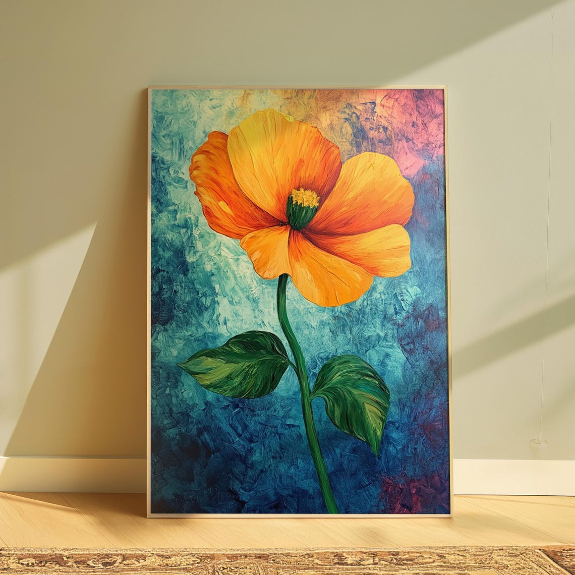 Golden Orange Poppy Bloom Textured Teal Background Floral Art Poster