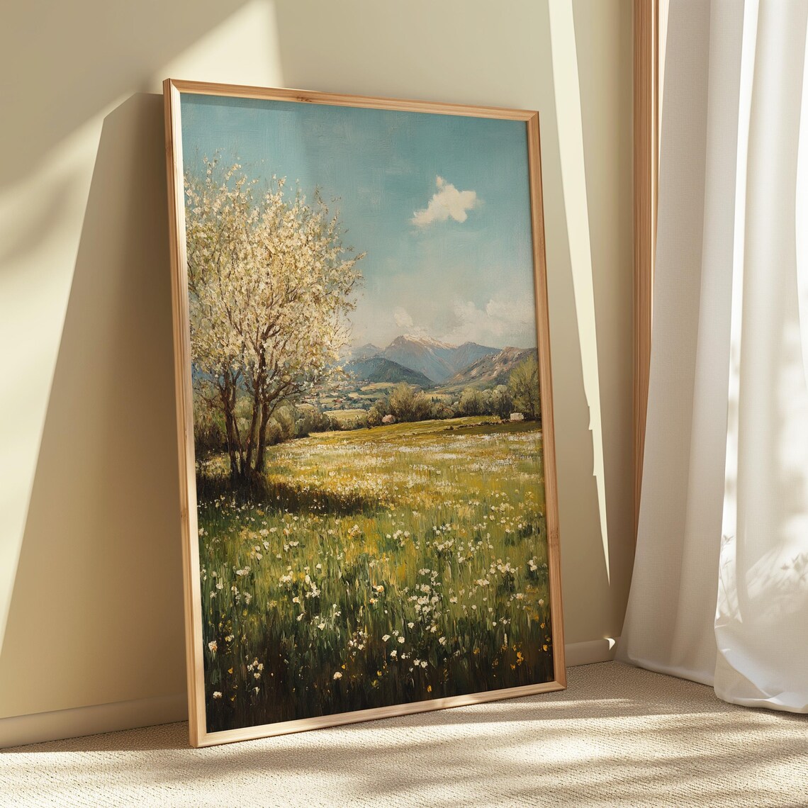 Spring Meadow Blossoming Tree Mountain View Soft Green Landscape Poster - Image 4