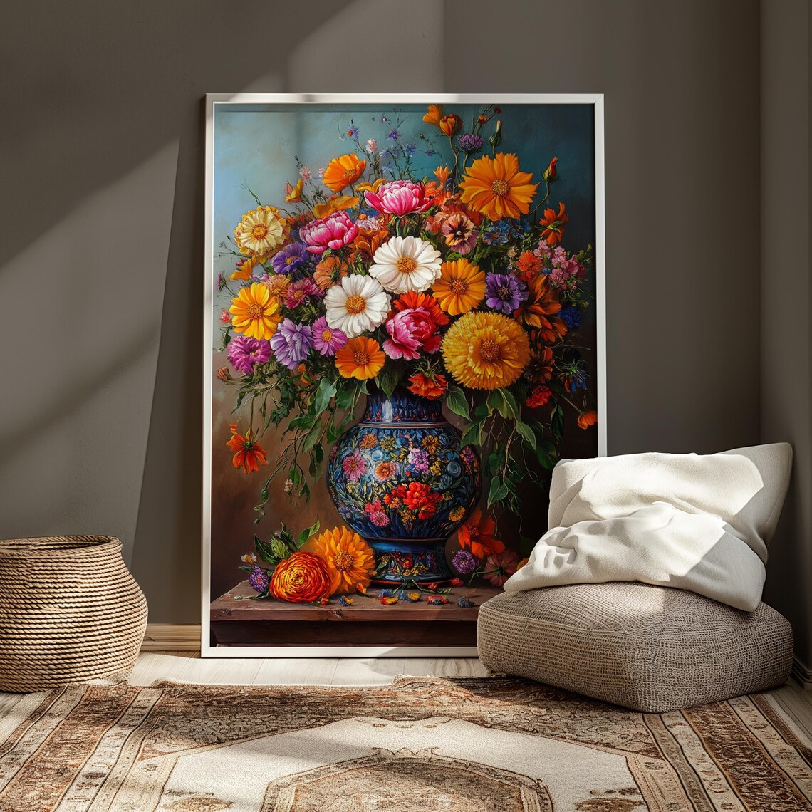 Vibrant Wildflower Bouquet Ornate Blue Vase Ledge Teal Garden Poster - Image 4