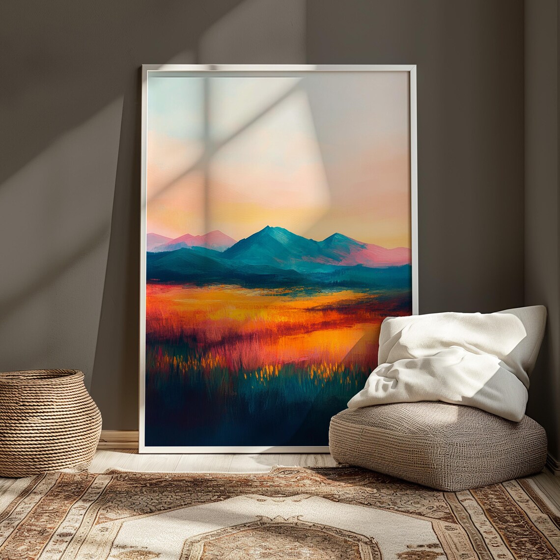 Serene Sunset Teal Mountains Glowing Orange Field Pastel Sky Calm Landscape Poster - Image 3