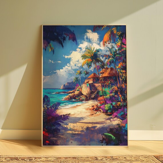Tropical Beach Palm Trees Ocean View Colorful Coastal Art Print