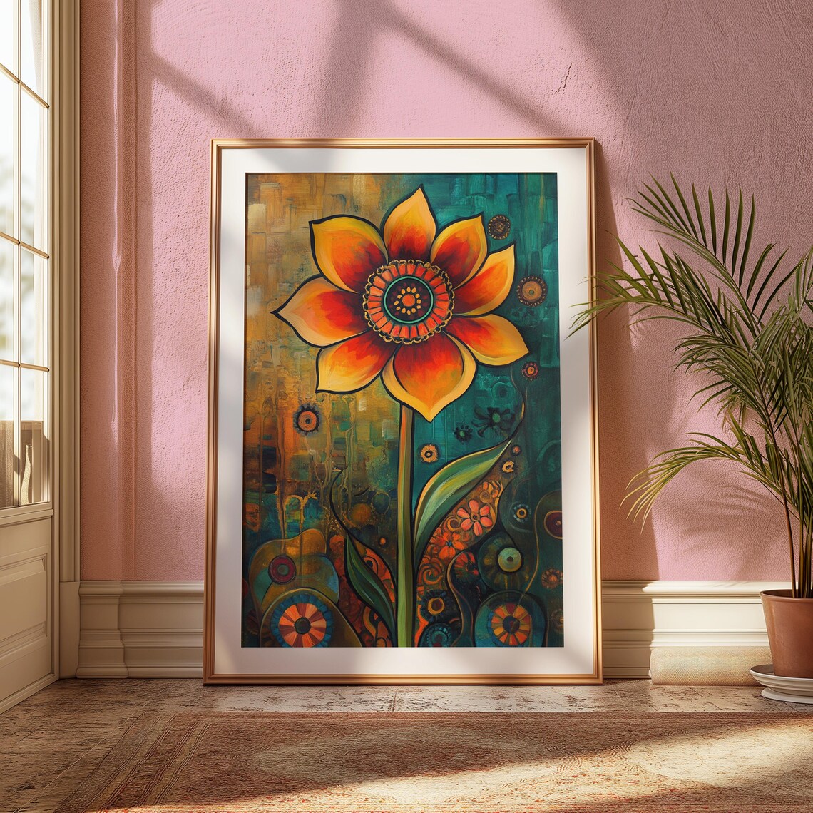 Orange Folk Flower Beaded Center Gold Teal Floral Art Poster - Image 2