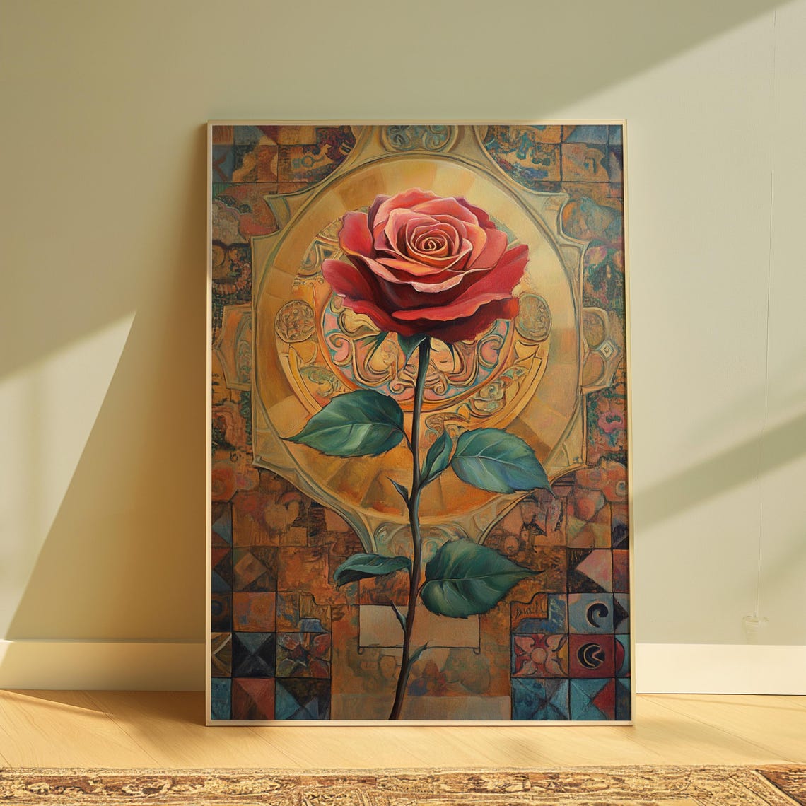 Red Rose Golden Medallion Azulejo Tile Background Romantic Poster