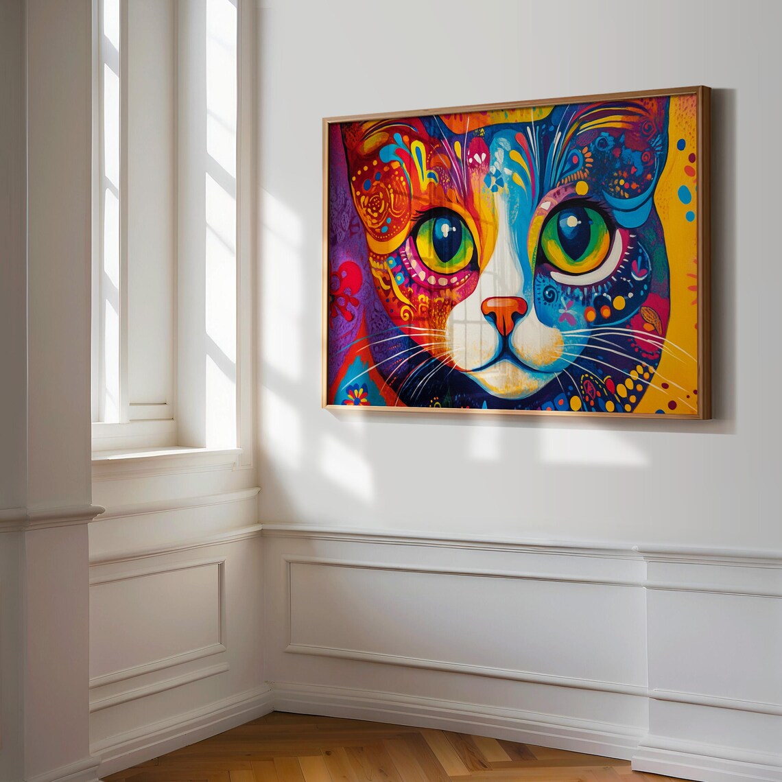 Calico Cat Face Paisley Boho Patterns Big Green Eyes Rainbow Art Poster - Image 3