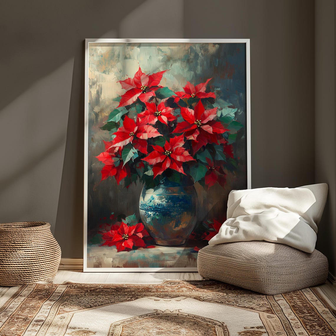 Red Poinsettia Blue Ceramic Vase Painterly Christmas Wall Art Print - Image 4
