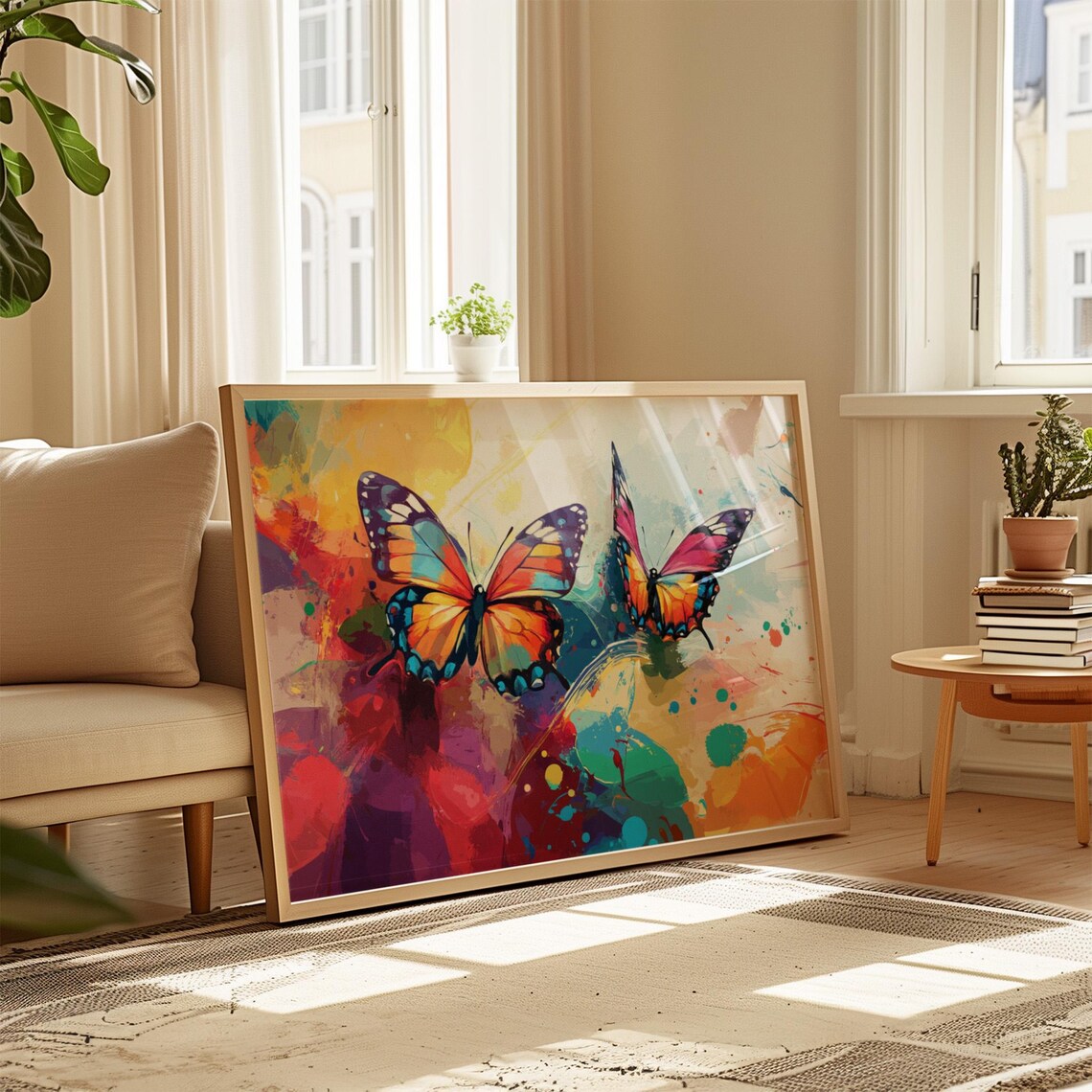 Two Butterflies In Flight Abstract Watercolor Rainbow Splash Poster - Image 4