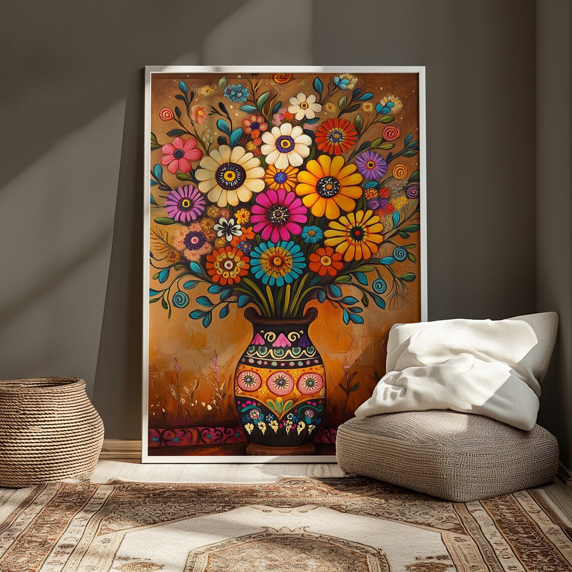 Mexican Folk Art Flower Bouquet Painted Pottery Vase Wall Art Print - Image 4