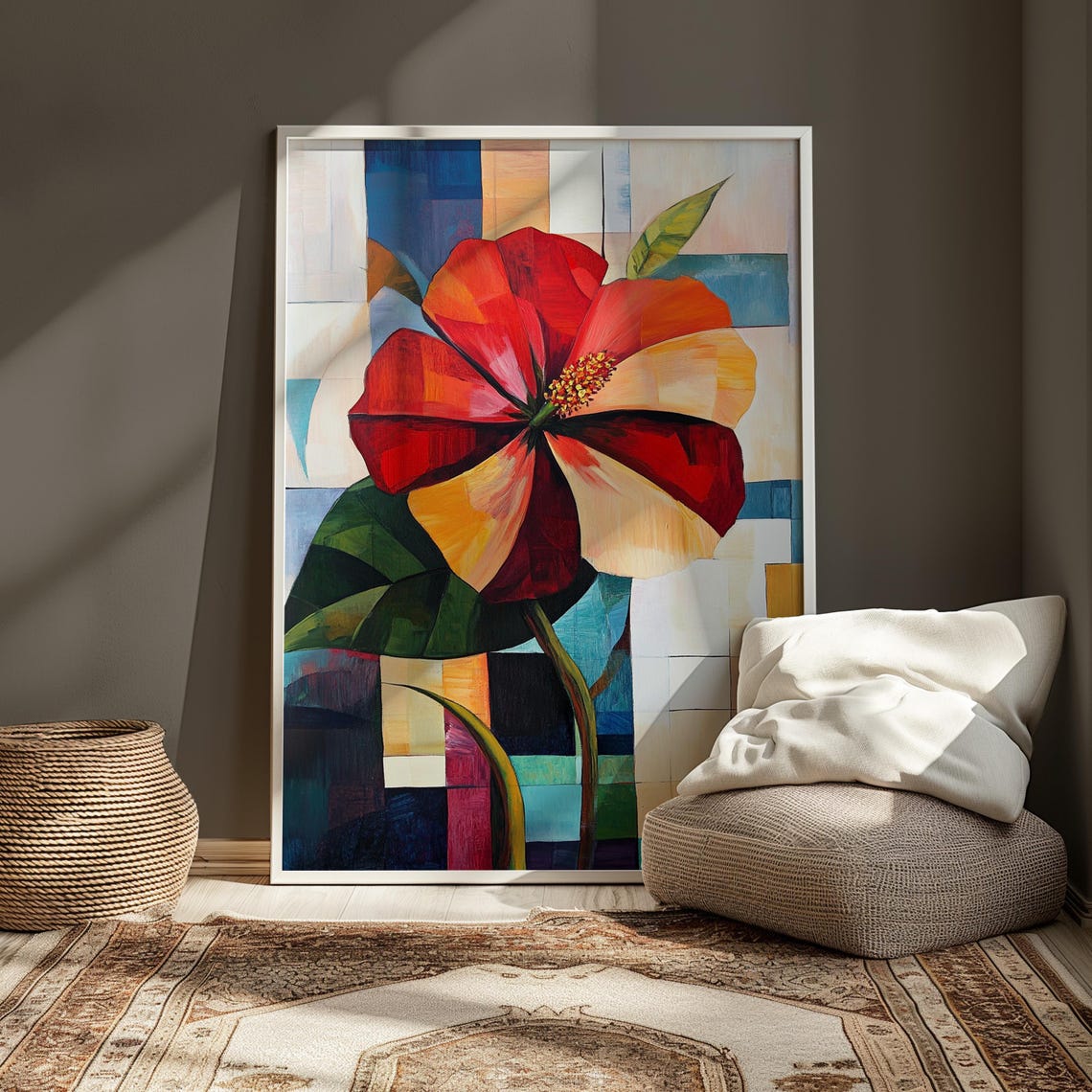 Hibiscus Bloom Patchwork Mosaic Light Background Floral Art Poster - Image 3