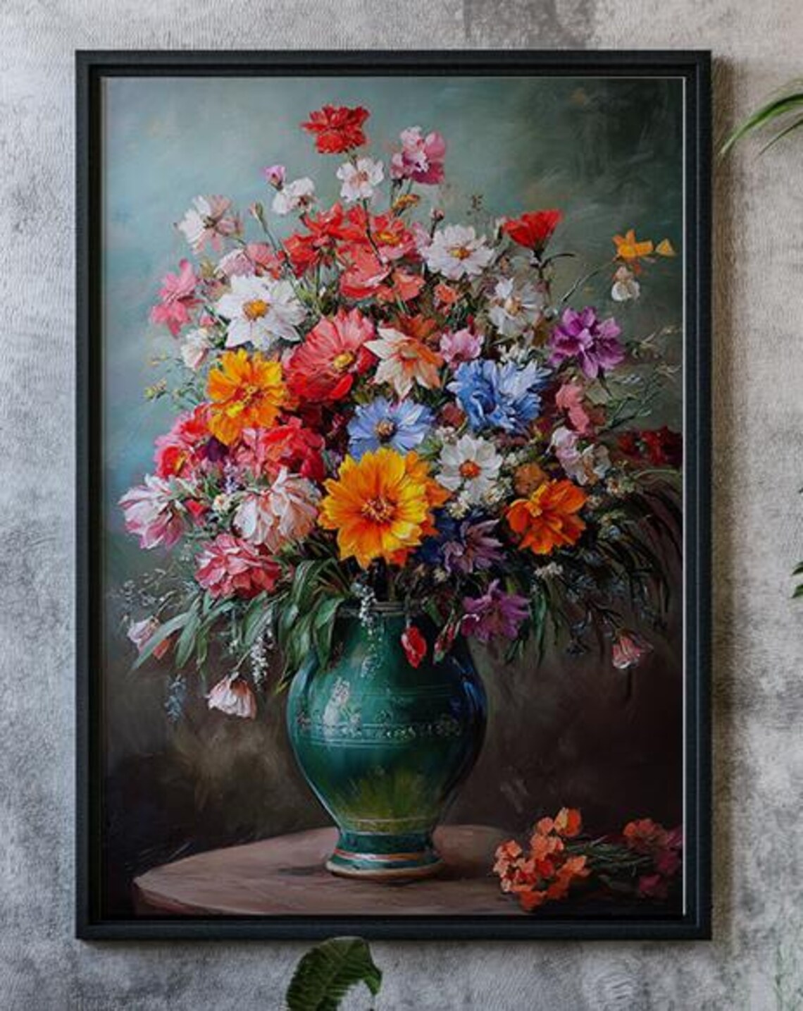Wildflower Bouquet in Green Vase Oil Painting Floral Wall Art