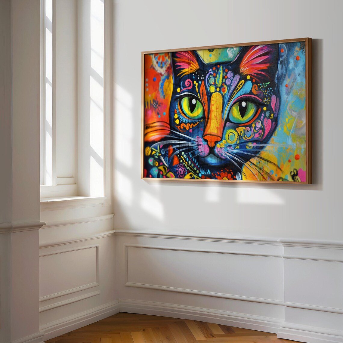 Psychedelic Cat Face Close Up Neon Swirls Big Green Eyes Trippy Poster - Image 3