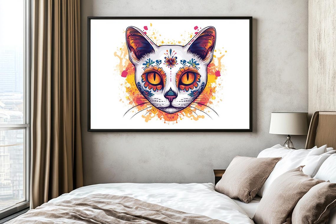 Glowing Sugar Skull Cat Face With Orange Eyes Watercolor Poster - Image 2