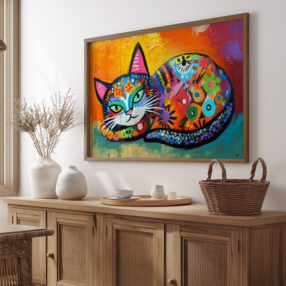 Curled Up Sleeping Cat Rainbow Patterned Fur Cozy Warm Poster