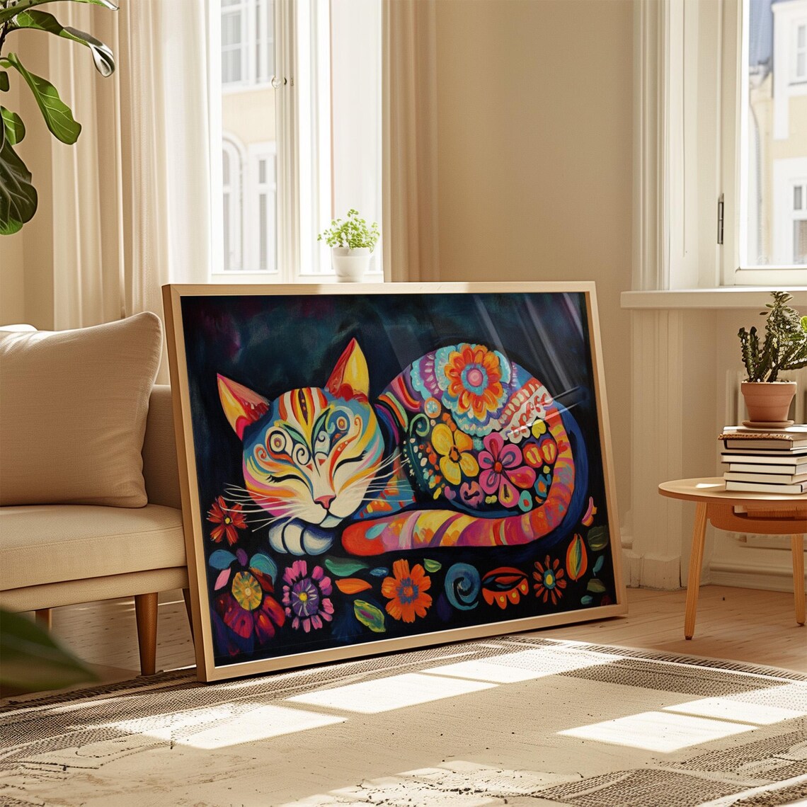 Sleeping Rainbow Floral Cat Peaceful Curled Night Garden Art Poster - Image 4