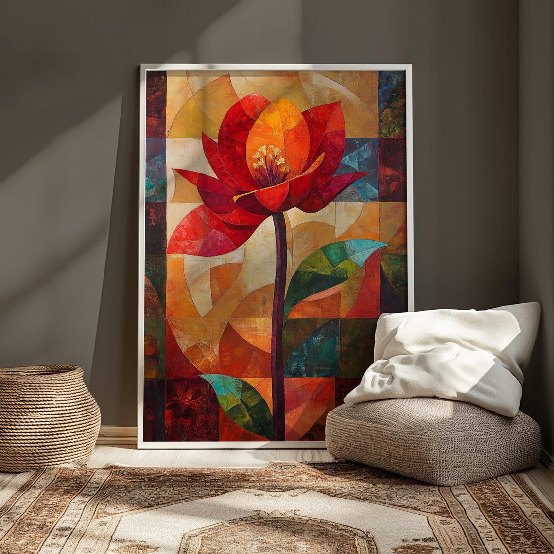 Red Lotus Mosaic Petals Amber Teal Patchwork Floral Art Poster - Image 3