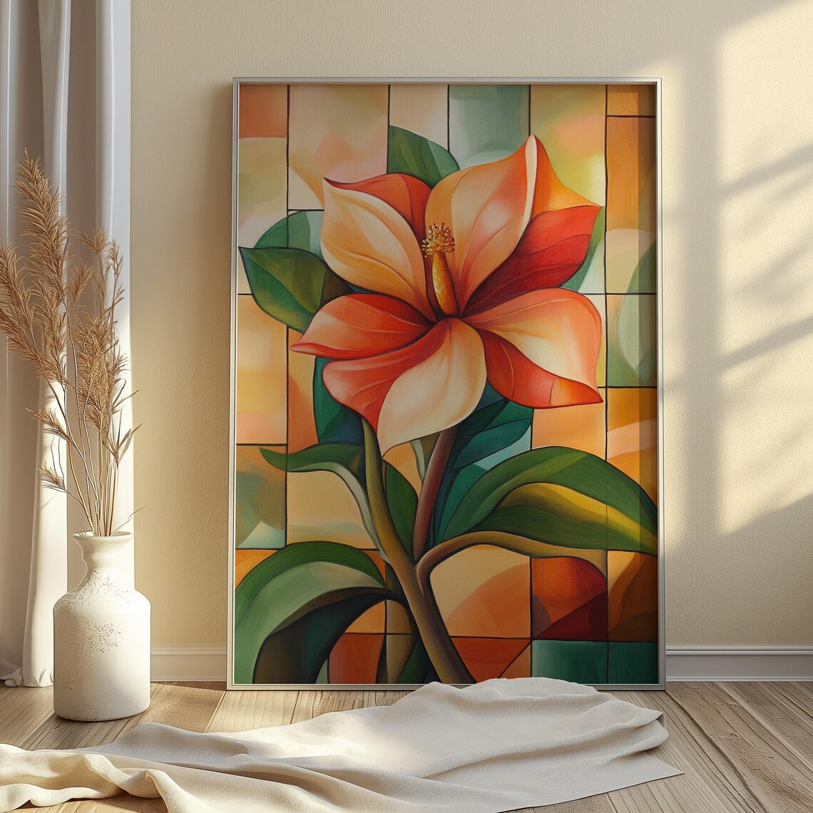 Coral Hibiscus Bloom Stained Glass Grid Orange Floral Poster - Image 4